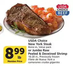 Albertsons USDA Choice New York Steak Bone-in, Value pack or Jumbo Raw Peeled & Deveined Shrimp 16-20 ct offer