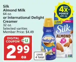 Albertsons Silk Almond Milk 64 oz. or International Delight Creamer 32 oz offer