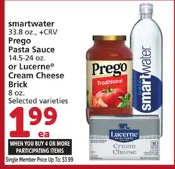 Albertsons Smartwater 33.8 oz., Prego Pasta Sauce 14.5-24 oz. or Lucerne Cream Cheese Brick 8 oz offer