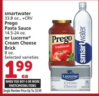 Albertsons Smartwater 33.8 oz., Prego Pasta Sauce 14.5-24 oz. or Lucerne Cream Cheese Brick 8 oz offer