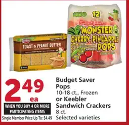 Albertsons Budget Saver Pops 10-18 ct., Frozen or Keebler Sandwich Crackers 8 ct offer