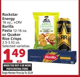 Albertsons Rockstar Energy 16 oz., + CRV Barilla Pasta 12-16 oz. or Quaker Rice Crisps 2.5-3.52 oz offer