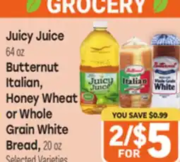 Tony’s Fresh Market Juicy Juice 64 oz, Butternut Italian, Honey Wheat or Whole Grain White Bread, 20 oz offer