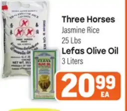 Tony’s Fresh Market Three Horses Jasmine Rice 25 Lbs ., Lefas Olive 3 Liters offer