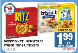 Tony’s Fresh Market Nabisco Ritz, Triscuits or Wheat Thins Crackers offer