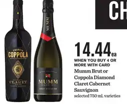 Mariano's Mumm Brut or Coppola Diamond Claret Cabernet Sauvignon offer