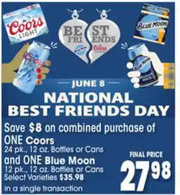 Jewel-Osco Coors 24 pk., 12 oz. Bottles or Cans and ONE Blue Moon 12 pk., 12 oz. Bottles or Cans offer