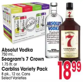 Jewel-Osco Absolut Vodka 750 ml., Seagram's 7 Crown 1.75 ltr. or Carbliss Variety Pack 8 pk., 12 oz. Cans offer