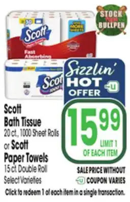 Jewel-Osco Scott Bath Tissue 20 ct., 1000 Sheet Rolls or Scott Paper Towels 15 ct. Double Roll offer