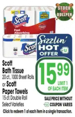 Jewel-Osco Scott Bath Tissue 20 ct., 1000 Sheet Rolls or Scott Paper Towels 15 ct. Double Roll offer