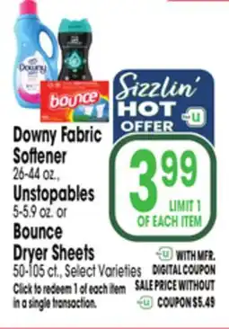 Jewel-Osco Downy Fabric Softener 26-44 oz., Unstopables 5-5.9 oz. or Bounce Dryer Sheets 50-105 ct offer