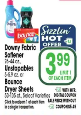 Jewel-Osco Downy Fabric Softener 26-44 oz., Unstopables 5-5.9 oz. or Bounce Dryer Sheets 50-105 ct offer