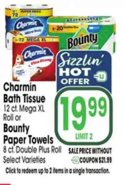 Jewel-Osco Charmin Bath Tissue 12 ct. Mega XL Roll or Bounty Paper Towels 8 ct. Double Plus Roll offer