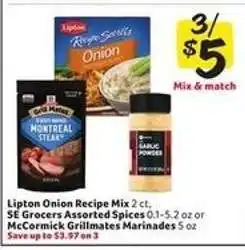 Winn Dixie Lipton Onion Recipe Mix, SE Grocers Assorted Spices, McCormick Grillmates Marinades offer