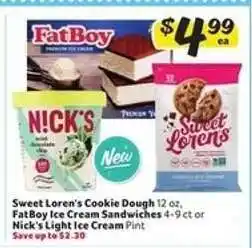 Winn Dixie Sweet Loren's Cookie Dough, FatBoy Ice Cream Sandwiches, Nick's Light Ice Cream offer