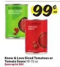Winn Dixie Know & Love Diced Tomatoes or Tomato Sauce offer