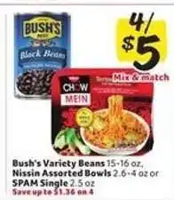 Winn Dixie Bush's Variety Beans, Nissin Assorted Bowls, or SPAM Single offer