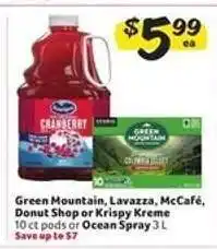 Winn Dixie Green Mountain, Lavazza, McCafé, Donut Shop or Krispy Kreme 10 ct pods or Ocean Spray 3 L offer