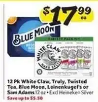 Winn Dixie 12 Pk White Claw, Truly, Twisted Tea, Blue Moon, Leinenkugel's or Sam Adams offer