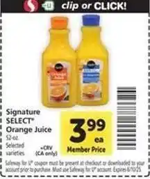 Safeway Signature Select Orange Juice offer