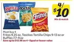 Winn Dixie Fritos, Tostitos Tortilla Chips, Ruffles offer
