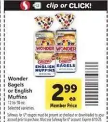 Safeway Wonder Bagels or English Muffins offer