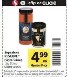 Safeway Signature RESERVE Pasta Sauce offer
