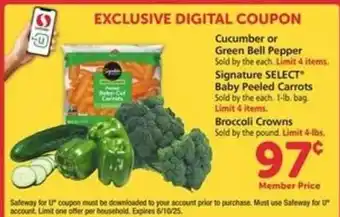 Safeway Cucumber or Green Bell Pepper, Signature SELECT Baby Peeled Carrots, Broccoli Crowns offer