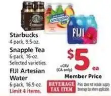 Safeway Starbucks, Snapple Tea, FIJI Artesian Water offer