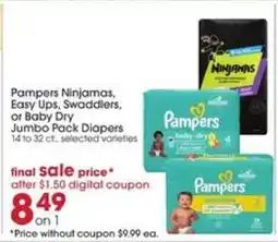 Giant Eagle Pampers Ninjamas, Easy Ups, Swaddlers, or Baby Dry Jumbo Pack Diapers offer