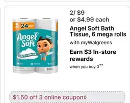 Walgreens Angel Soft Bath Tissue, 6 mega rolls offer