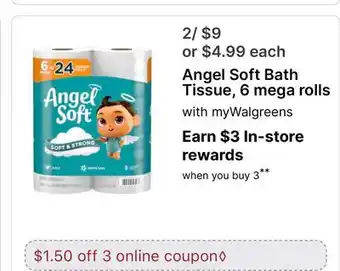 Walgreens Angel Soft Bath Tissue, 6 mega rolls offer