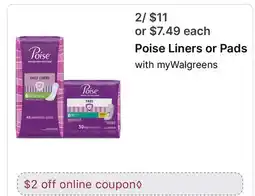 Walgreens Poise Liners or Pads offer