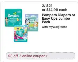 Walgreens Pampers Diapers or Easy Ups Jumbo Pack offer