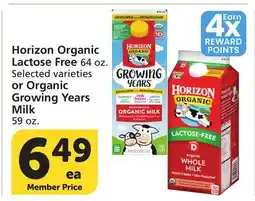 Vons Horizon Organic Lactose Free 64 oz. Selected varieties or Organic Growing Years Milk 59 oz offer