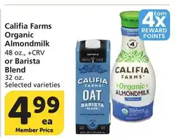 Vons Califia Farms Organic Almondmilk 48 oz., or Barista Blend 32 oz offer