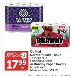 Albertsons Quilted Northern Bath Tissue 18 mega rolls Selected varieties or Brawny Paper Towels 6 triple rolls offer