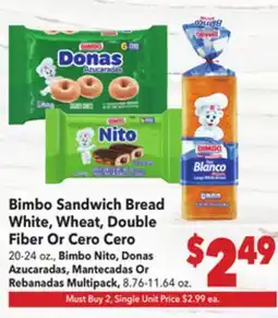 Vallarta Supermarkets Bimbo Sandwich Bread White, Wheat, Double Fiber Or Cero Cero offer