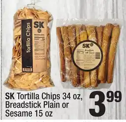 Super King Markets SK Tortilla Chips 34 oz, Breadstick Plain or Sesame 15 oz offer