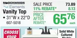 Menards MagickWoods Elements 31W x 22D Solid White Cultured Marble Vanity Top with Oval Non-Recessed Bowl offer