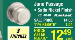Menards Kwikset Juno Hall & Closet Passage Door Knob in Satin Nickel offer