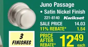 Menards Kwikset Juno Hall & Closet Passage Door Knob in Satin Nickel offer
