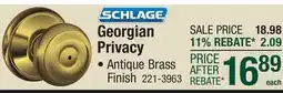 Menards Schlage Georgian Privacy Door Knob in Antique Brass offer