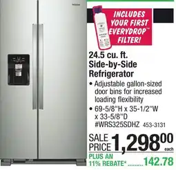 Menards Whirlpool 24.5 cu. ft. Fingerprint Resistant Stainless Steel Side-by-Side Refrigerator offer