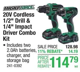 Menards Masterforce 20-Volt Cordless 1/2 Drill & 1/4 Impact Driver Combo Kit offer