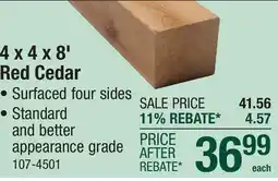 Menards 4 x 4 x 8' Red Cedar S4S Timber offer
