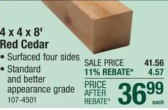 Menards 4 x 4 x 8' Red Cedar S4S Timber offer