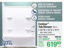 Menards Lyons Contour 60W x 32D x 78H White Tub/Shower with Right Drain (4-Piece) offer
