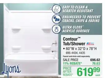 Menards Lyons Contour 60W x 32D x 78H White Tub/Shower with Right Drain (4-Piece) offer