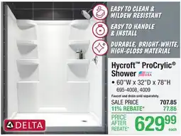 Menards Delta Hycroft ProCrylic 60W x 32D x 78H White Shower with Left Drain (4-Piece) offer